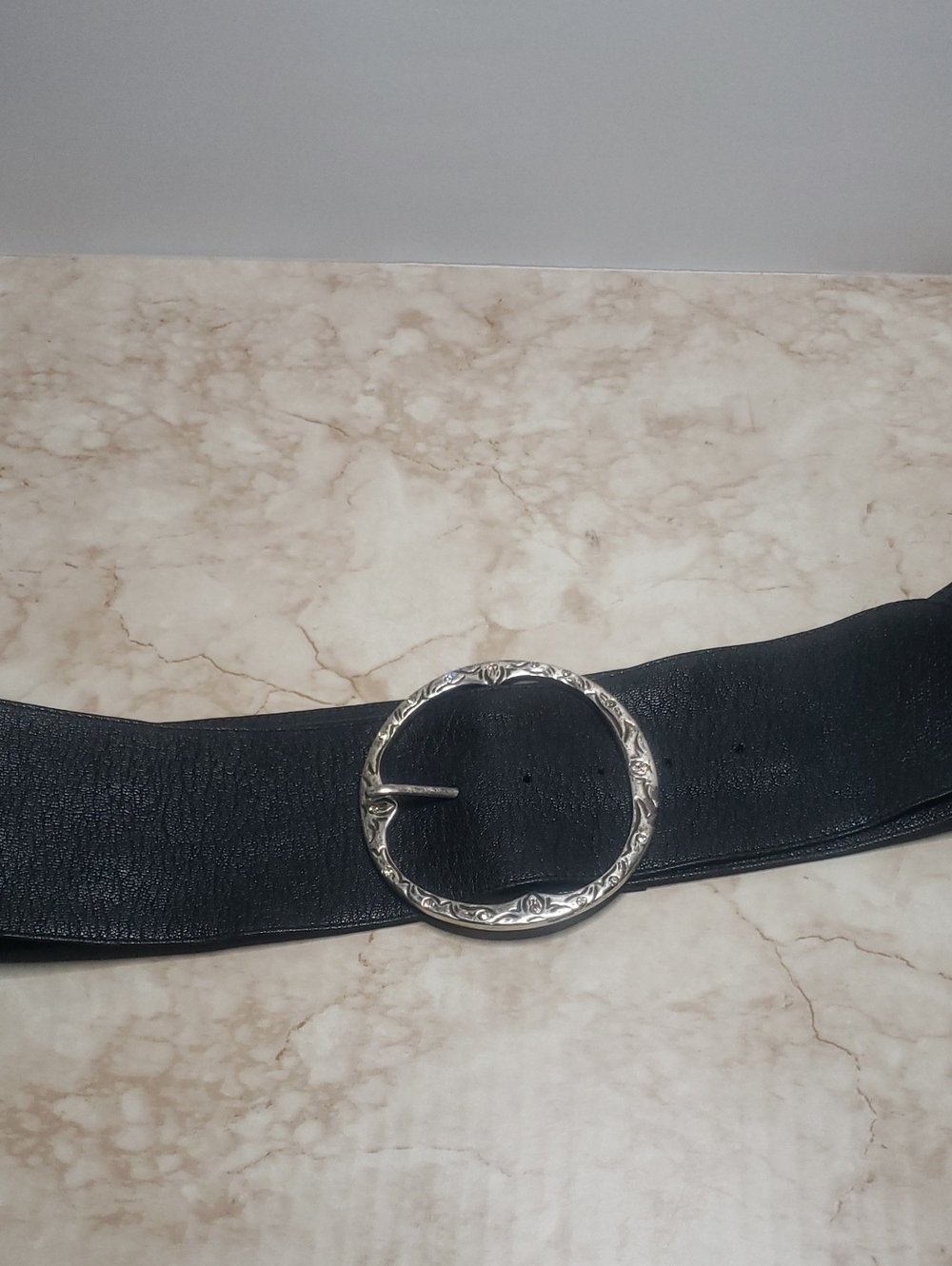 Black Wide Leather Belt with Silver Floral Round Buckle